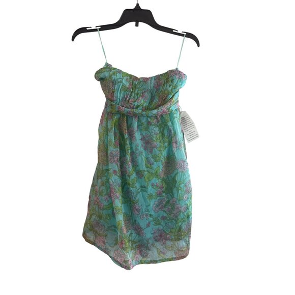 Y2K Vintage Tramp Sundress Women S Polyester Blue Green Floral Strapless tunic - Picture 3 of 7